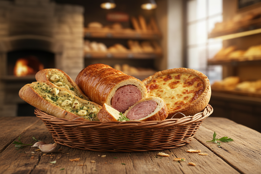 un panier apéro avec un saucisson brioché, une tarte au maroilles, et un prefou